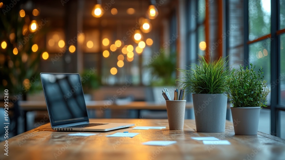 Cozy Workspace with Laptop and Plants in a Warmly Lit Cafe Interior Featuring Wooden Tables and Soft Bokeh Background Lights for Productive Environment Cozy Workspace with Laptop and Plants in a Warmly Lit Cafe Interior Featuring Wooden Tables and Soft Bokeh Background Lights for Productive Environment