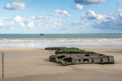 Remains of a landing craft on the beach of Normandy, France photo