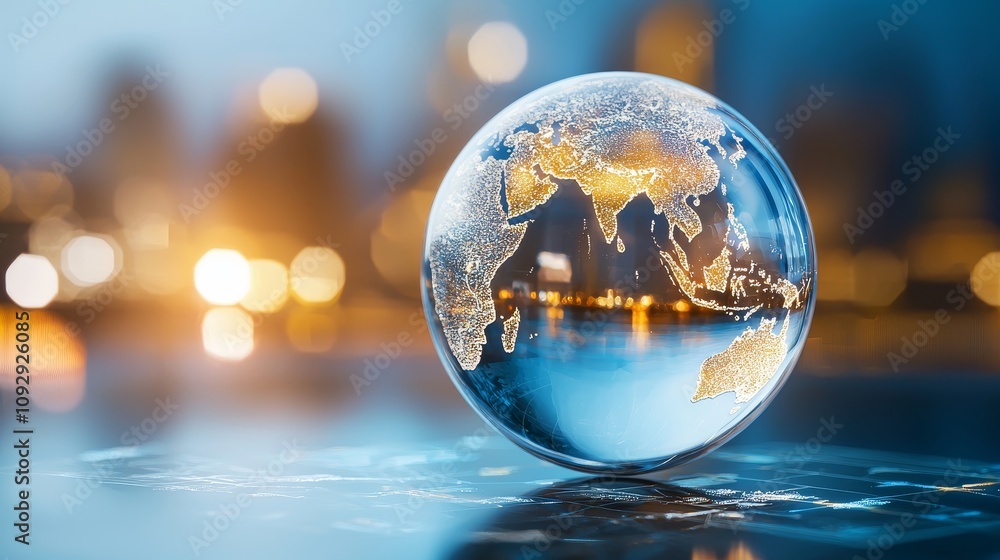 Abstract glass globe of Earth, illuminated by a soft internal glow, translucent continents floating gracefully, symbolizing global unity and fragility Abstract glass globe of Earth, illuminated by a soft internal glow, translucent continents floating gracefully, symbolizing global unity and fragility
