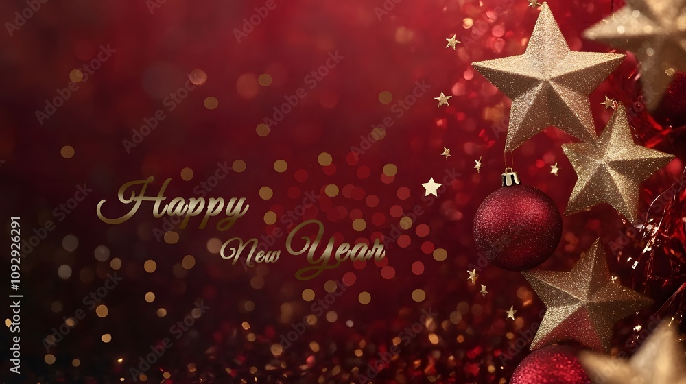 Elegant red wallpaper with golden festive elements and Happy New Year