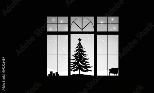 Christmas tree by the window snow gently falling outside cozy home interior 3d illustration christmas tree silhouette Illustration 