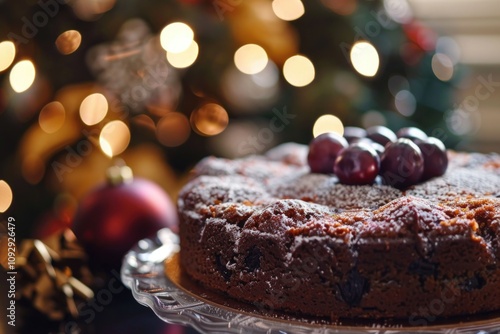 A delicious, dark chocolate cake adorned with fresh grapes, sits on a glass cake stand against a bokeh Christmas tree backdrop.