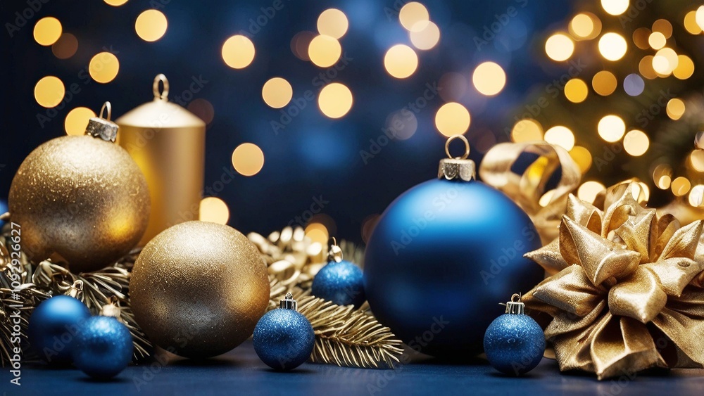 Matte Christmas background with blue and gold ornaments and festive decor Matte Christmas background with blue and gold ornaments and festive decor