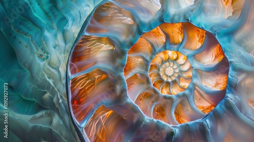 Nautilus shell in closeup, showcasing its iconic spiral pattern. The shell's geometric design is a stunning piece of nature's art.