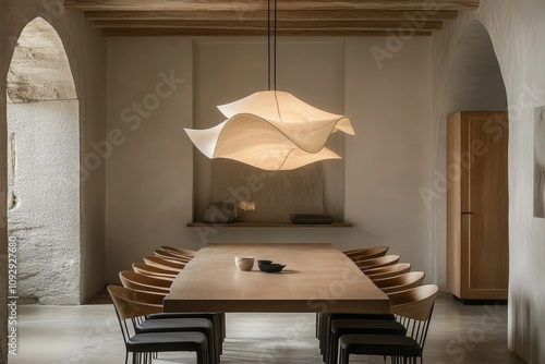 scandinavian dining room, contemporary swedish dining room featuring an oak table and minimalist chairs, illuminated by a geometric light fixture photo