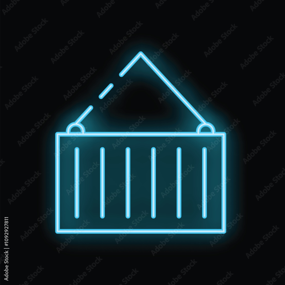 Minimalist drawing of a cargo container being lifted by a crane hook, glowing in blue neon light Minimalist drawing of a cargo container being lifted by a crane hook, glowing in blue neon light