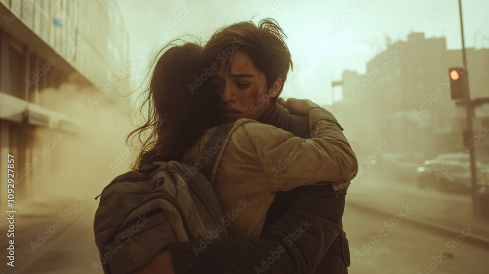 Running Away from Natural Disasters. A tense moment of reunion between two figures amidst a dusty, chaotic urban environment, highlighting emotional connection in a post-apocalyptic setting.