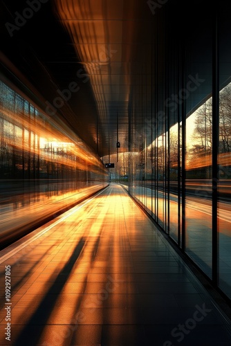 Stunning Sunset Reflection in Modern Glass Corridor with Dramatic Light and Shadows