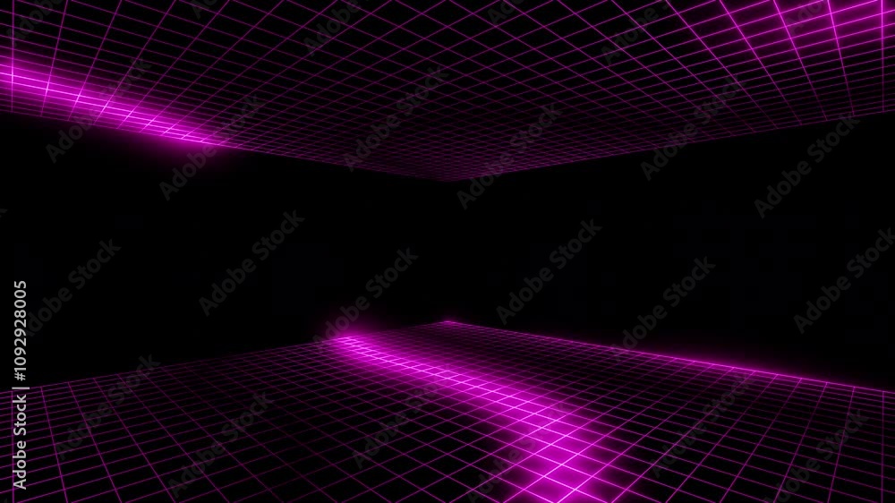 Abstract purple neon light grid forming a futuristic tunnel. The intersecting lines create a sense of motion and depth, evoking a cyberpunk or digital landscape. Abstract purple neon light grid forming a futuristic tunnel. The intersecting lines create a sense of motion and depth, evoking a cyberpunk or digital landscape.