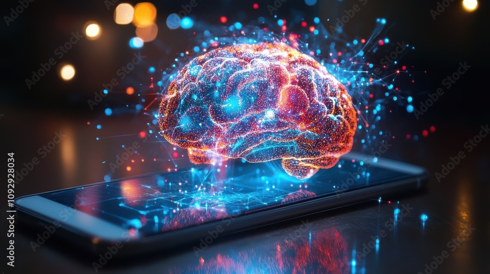 Obraz premium A smartphone with a brain-computer interface controlling apps, representing the future of human-technology interaction and direct neural communication.