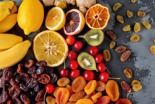 Assortment of fresh and dried fruits, including bananas, lemons, oranges, kiwi, cherries, apricots, raisins, and ginger.