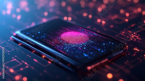 A smartphone with biometric security features, scanning a user's fingerprint for authentication while processing big data-driven financial transactions. photo