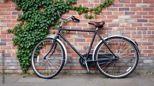 A classic vintage bicycle leaning against a brick wall with ivy creeping over it. Generative AI photo