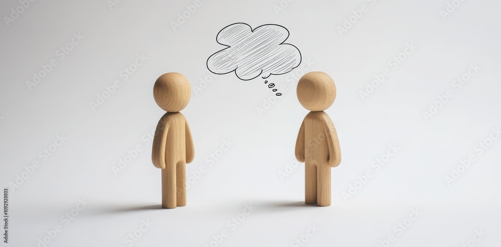 Two wooden human figures stand on white background, one with thought bubble above its head, symbolizing communication and ideas Two wooden human figures stand on white background, one with thought bubble above its head, symbolizing communication and ideas
