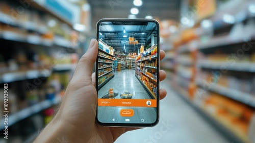 A user swiping through a virtual store using AR on a smartphone, exploring products with 3D visuals and making mobile payments. photo