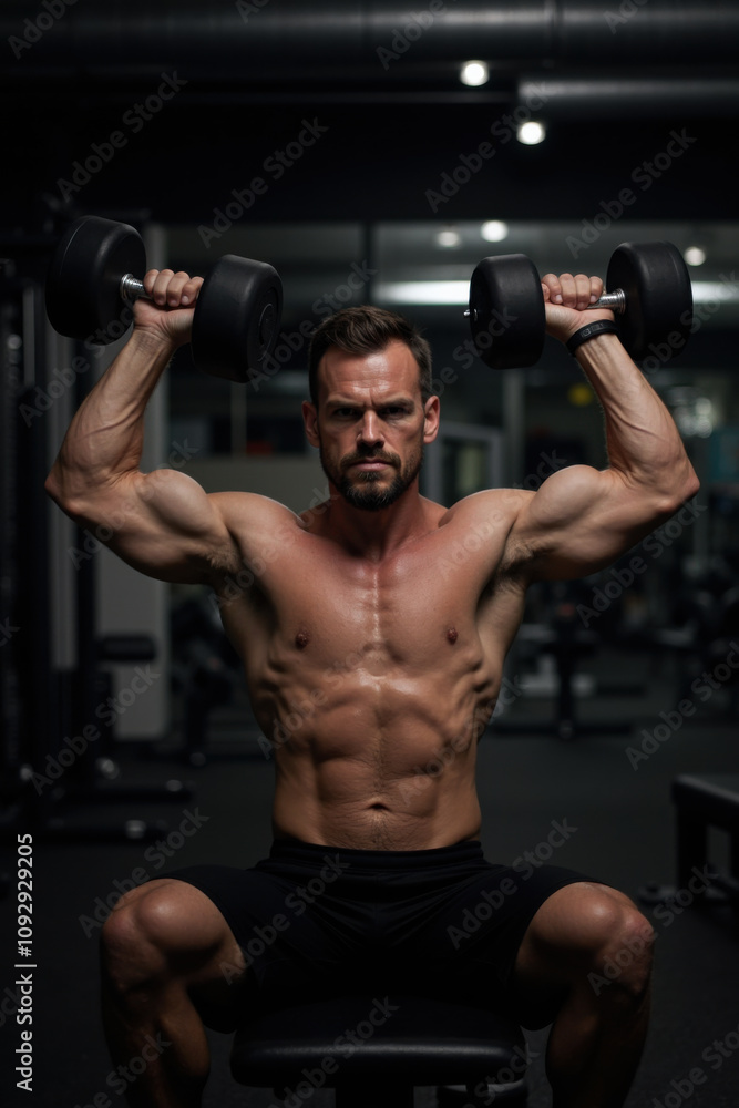 Man performing weightlifting exercises in gym using dumbbells for upper body strength and muscle building. Fitness enthusiast focusing on maintaining correct form Man performing weightlifting exercises in gym using dumbbells for upper body strength and muscle building. Fitness enthusiast focusing on maintaining correct form