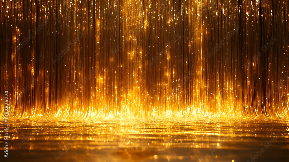 Naklejka premium Golden Streamers: Shimmering Lights Reflecting, Captivating Ambiance, Luxurious Design