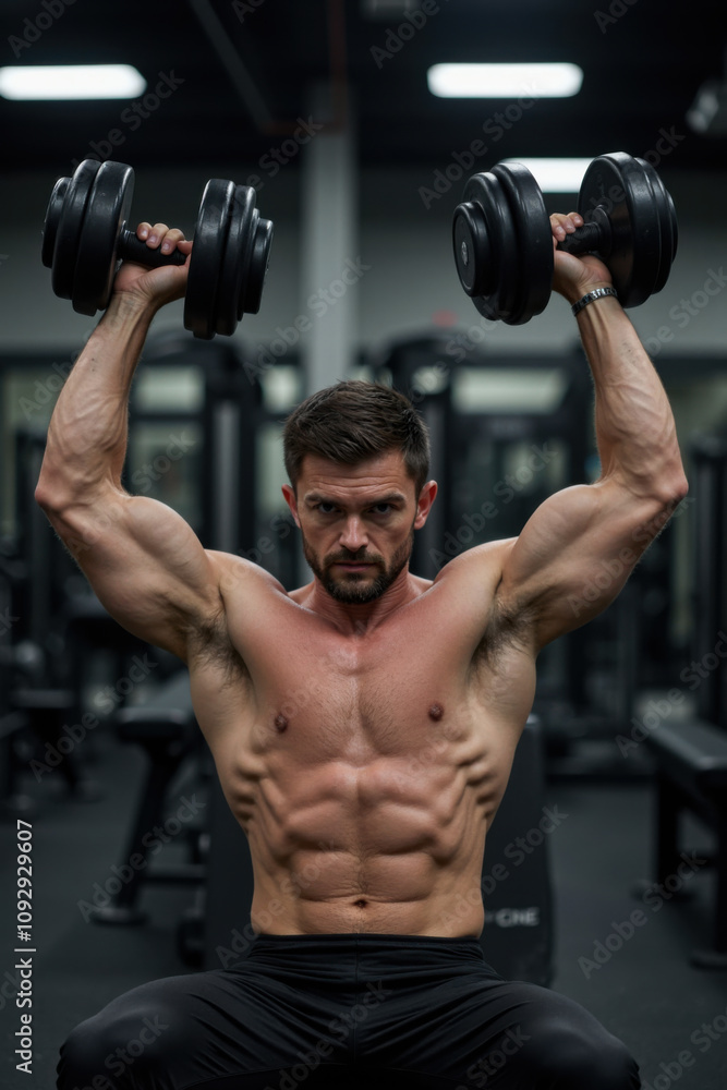 Fitness enthusiast lifting heavy dumbbells in gym, focusing on strength training and muscle building Fitness enthusiast lifting heavy dumbbells in gym, focusing on strength training and muscle building