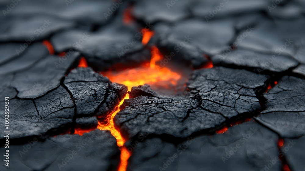 Cracked dried lava with glowing orange fissures creates dramatic and intense scene. close up view highlights texture and heat of volcanic surface Cracked dried lava with glowing orange fissures creates dramatic and intense scene. close up view highlights texture and heat of volcanic surface