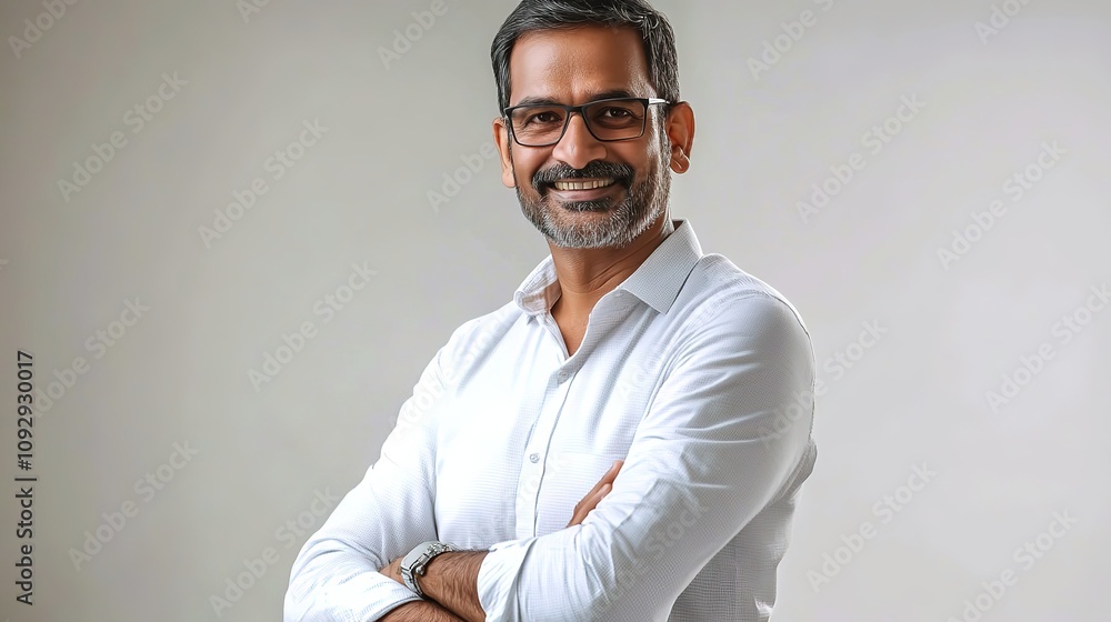 charismatic indian handsome young businessman in smart casual attire confident pose with folded hands against clean white backdrop warm smile conveys approachability and professionalism modern corpora charismatic indian handsome young businessman in smart casual attire confident pose with folded hands against clean white backdrop warm smile conveys approachability and professionalism modern corpora