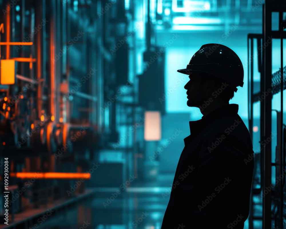 silhouette of worker in factory, wearing helmet, surrounded by industrial equipment and machinery. scene is illuminated with blue and orange lighting, creating dramatic atmosphere silhouette of worker in factory, wearing helmet, surrounded by industrial equipment and machinery. scene is illuminated with blue and orange lighting, creating dramatic atmosphere