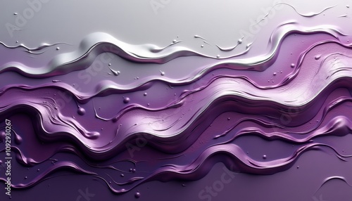 Abstract paint drips in purple and silver on a smooth background