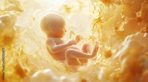 serene depiction of fetus in utero, surrounded by soft, warm tones and ethereal light, conveying sense of tranquility and life
