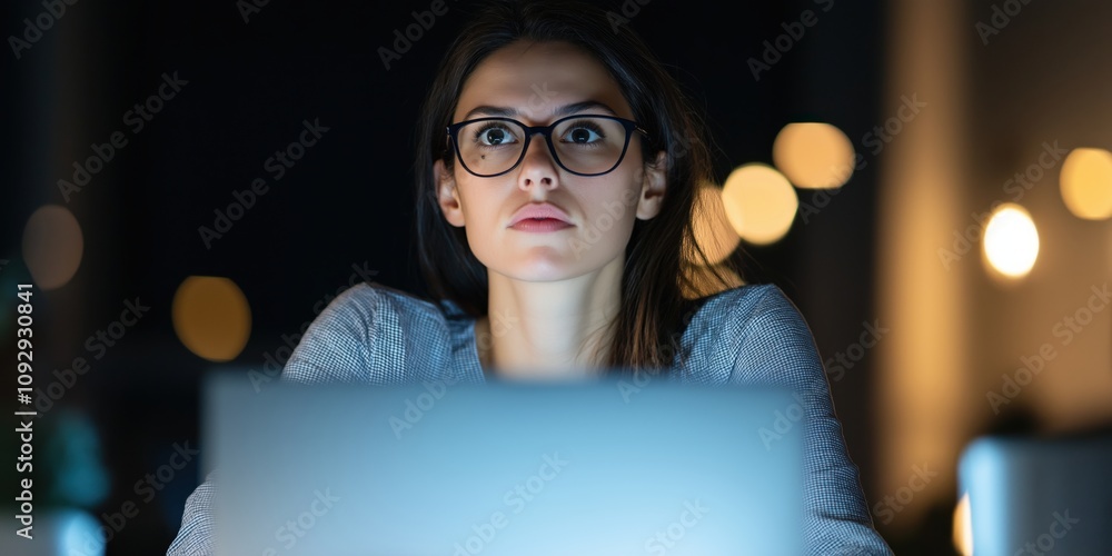 A woman with glasses looks intently at her laptop screen in a dimly lit room, reflecting an atmosphere of curiosity and engagement during evening hours. A woman with glasses looks intently at her laptop screen in a dimly lit room, reflecting an atmosphere of curiosity and engagement during evening hours.