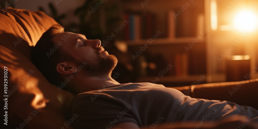 A man lies back on a sofa with a content smile, basking in warm light, illustrating a moment of relaxation and peace, representing comfort and stress relief in daily life. A man lies back on a sofa with a content smile, basking in warm light, illustrating a moment of relaxation and peace, representing comfort and stress relief in daily life.