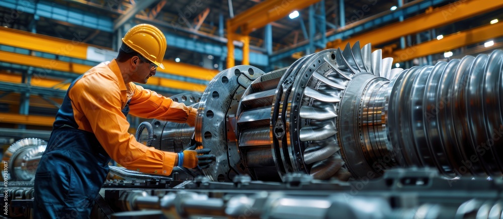 Industrial Worker Examining a Turbine Rotor Industrial Worker Examining a Turbine Rotor