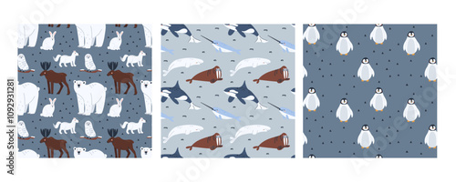 Arctic animal seamless pattern set. Forest elk, polar bear. Northern cute inhabitant. Textile, wrapping paper, wallpaper design. Print for fabric. Baby cute cartoon isolated north wildlife background