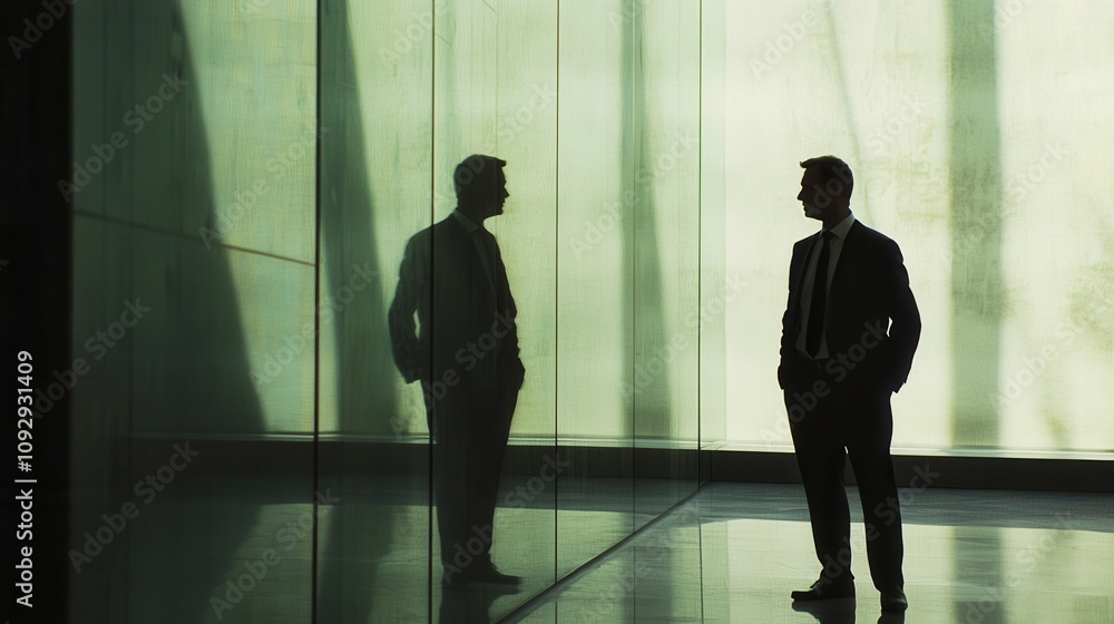 Fototapeta premium Businessmen reflected in modern glass interior.