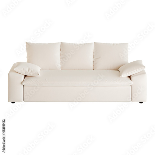 A white couch with three pillows on it