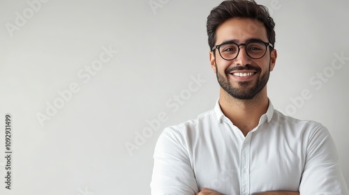 charismatic indian handsome young businessman in smart casual attire confident pose with folded hands against clean white backdrop warm smile conveys approachability and professionalism modern corpora