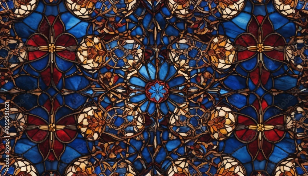 Ecclesiastical dark stained glass window with colorful muted floral and geometric patterns Ecclesiastical dark stained glass window with colorful muted floral and geometric patterns