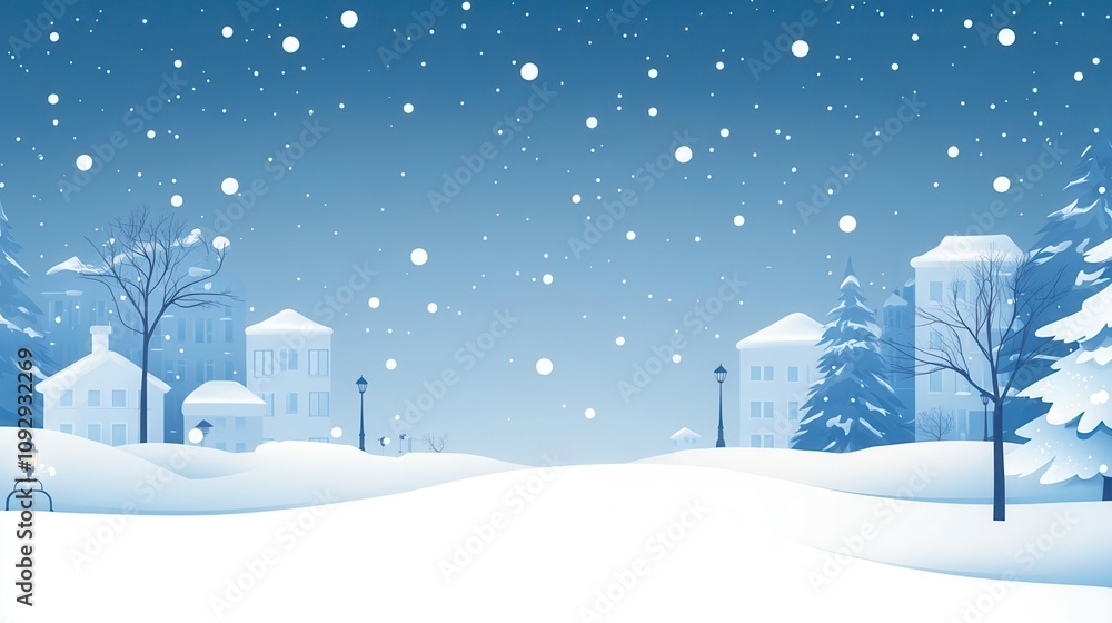 Fototapeta premium Snowy cityscape with central blank area, ready for travel text, urban winter template, city adventure