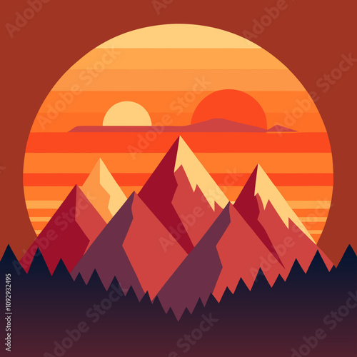 summer sunrise on Gruppo del Cimonega mountain range in National Park Tre Cime di Lavaredo. Dolomite, South Tyrol. Location Auronzo, Italy, Europe flat illustration