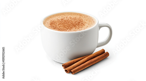 A warm cup of spiced cinnamon coffee with a sprinkle of cinnamon on top isolated on white background.