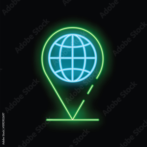 Neon sign depicting a location pin with planet earth inside, representing global positioning and location services