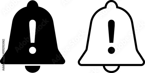 Set of notification bell warning icon. Symbol of warning notice. Exclamation mark with bell icon sign. Notification alert. 
