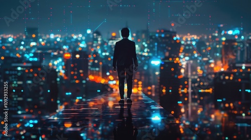 man in a suit standing on the top of a building, facing away from the camera with his back to the cityscape.