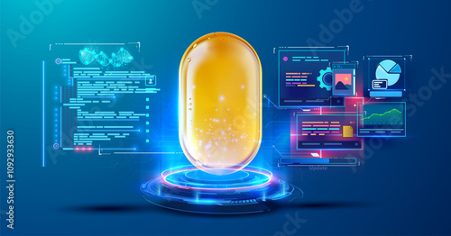 A vibrant 3D illustration of a glowing golden capsule surrounded by holographic data interfaces, representing advanced technology, healthcare, or innovation in medical science