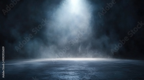 A dark room with a concrete floor and a spotlight. Suitable for dramatic or mysterious themed designs, theater and event promotion, and creative storytelling visuals. empty dark blue room