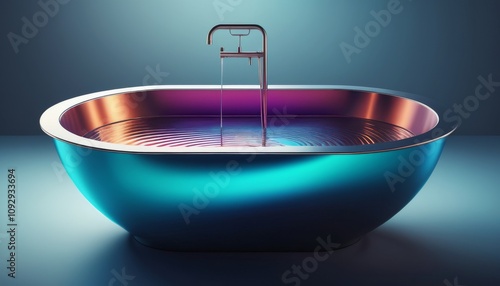 Futuristic electroplating bathtub with shimmering metallic finish and flowing water photo