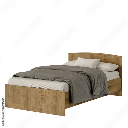 A wooden bed with a gray blanket and white pillows