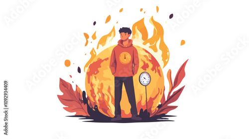 Young Man Showing Concern for Global Warming with Thermometer