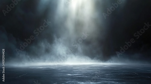 A dark room with a concrete floor and a spotlight. Suitable for dramatic or mysterious themed designs, theater and event promotion, and creative storytelling visuals. empty dark blue room