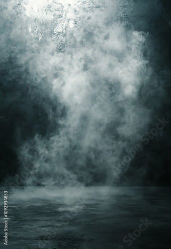 Empty wooden table with smoke Flowing on dark background, Spooky Wooden Table with Mystical Smoke for Halloween A captivating display of swirling smoke illuminated by soft light, creating a serene and