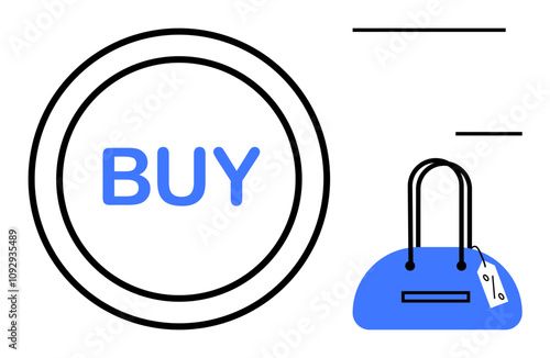 Large BUY button next to a blue handbag with black handles and a white price tag. Ideal for e-commerce, online shopping, retail sales, digital marketing, website design, fashion stores, consumerism