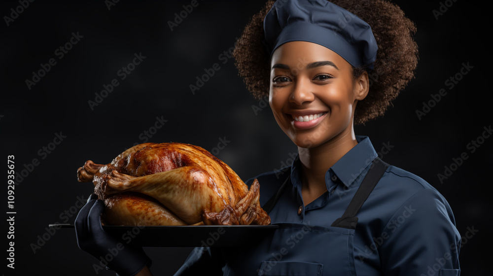 Beautiful woman with roasted turkey in the hands, concept of holidays Beautiful woman with roasted turkey in the hands, concept of holidays